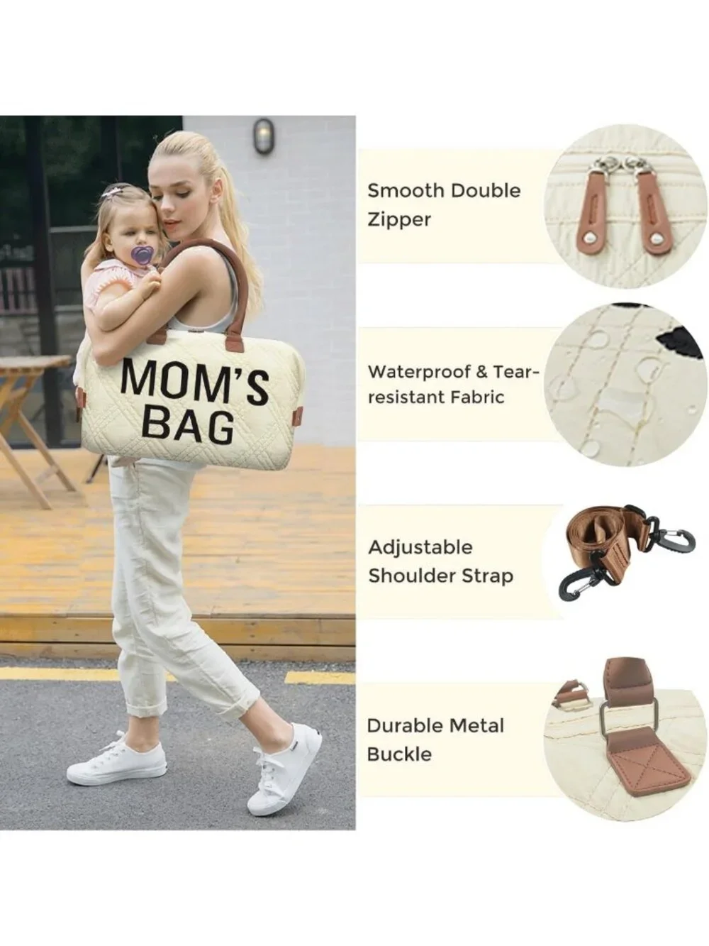 Large Quilted Diaper Tote Bag with 2 Organizers - Stylish Baby Care Travel Bag